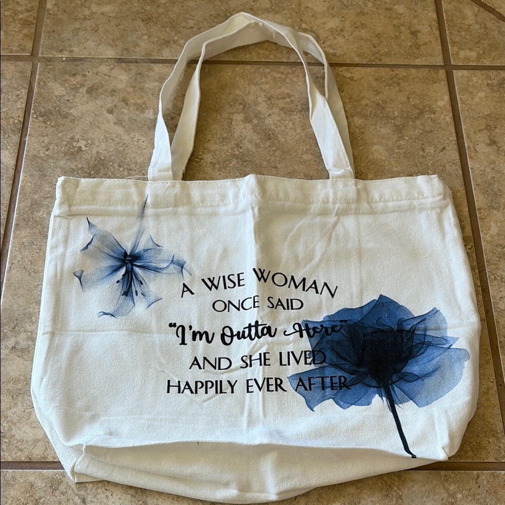 White Canvas Zipper Tote Bag with Blue Floral Design